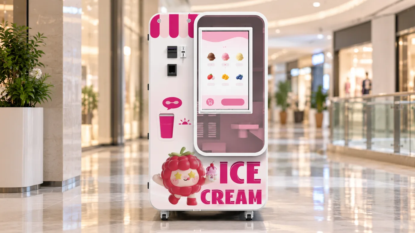 Front view of an automatic ice cream vending machine with its touch screen and customer payment area in a shopping-mall corridor